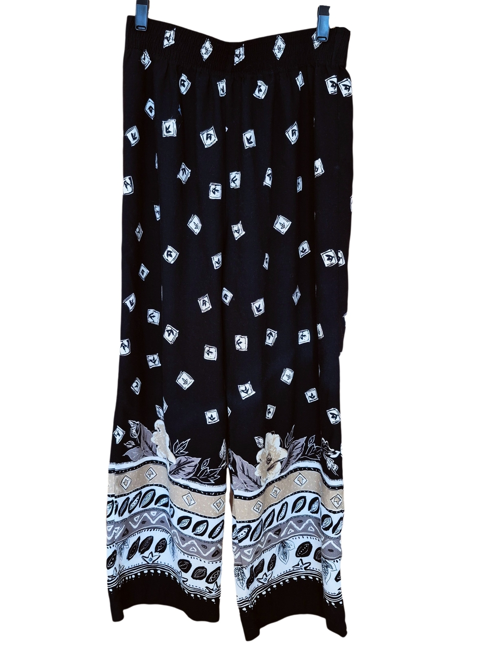 Via Max Black Boho WBlack Wide Leg Pants with White Diamond Print & Cream Border